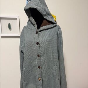 vintage hooded green checkered teddy coat with brown interior